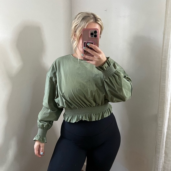 Zara Long Sleeve Cinch Waist Top Medium Green - Picture 1 of 8